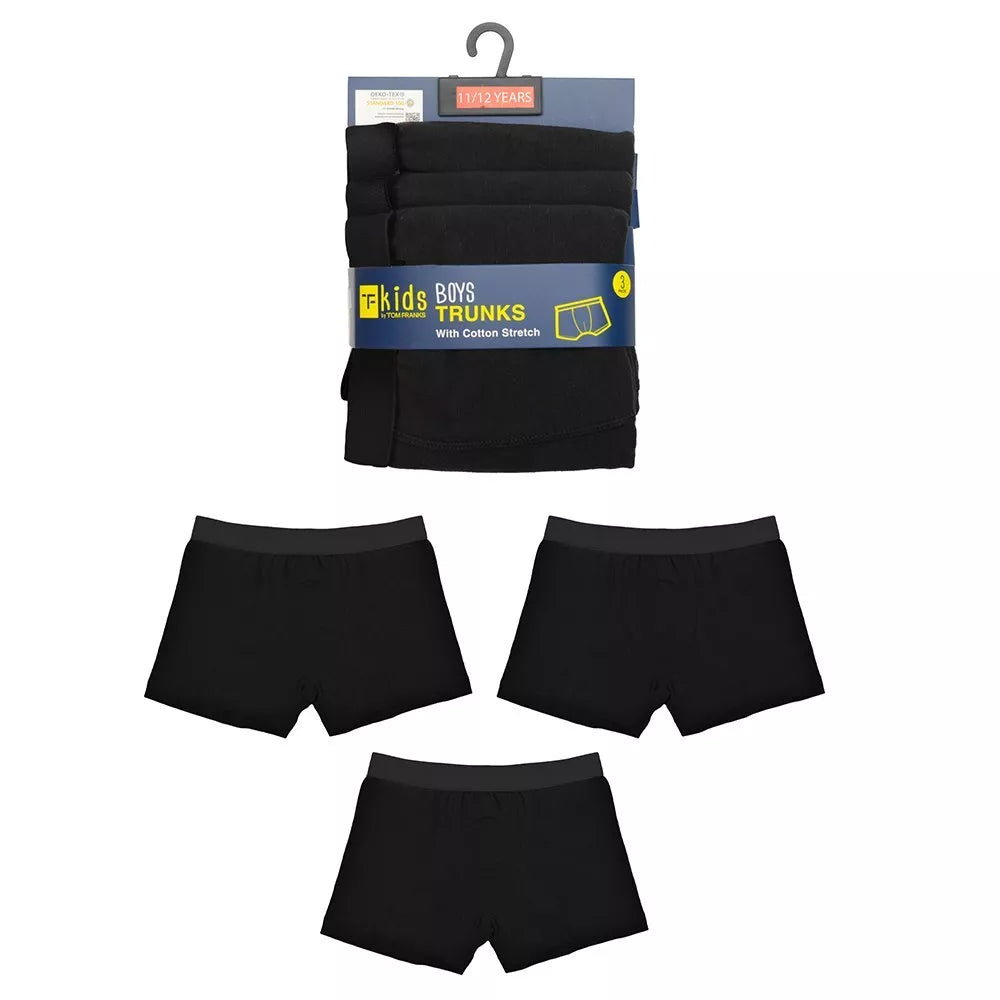 TOM FRANKS - Boys 3 Pairs Black Waistband Boxer Trunks Underwear Shorts 7-13 Year - Mayra Hosiery LTD