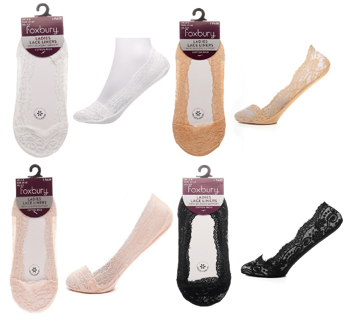 Ladies Anti-slip Lace Liners Sheer Footsies Socks - Nude, Black, White, Pink, UK 4-7