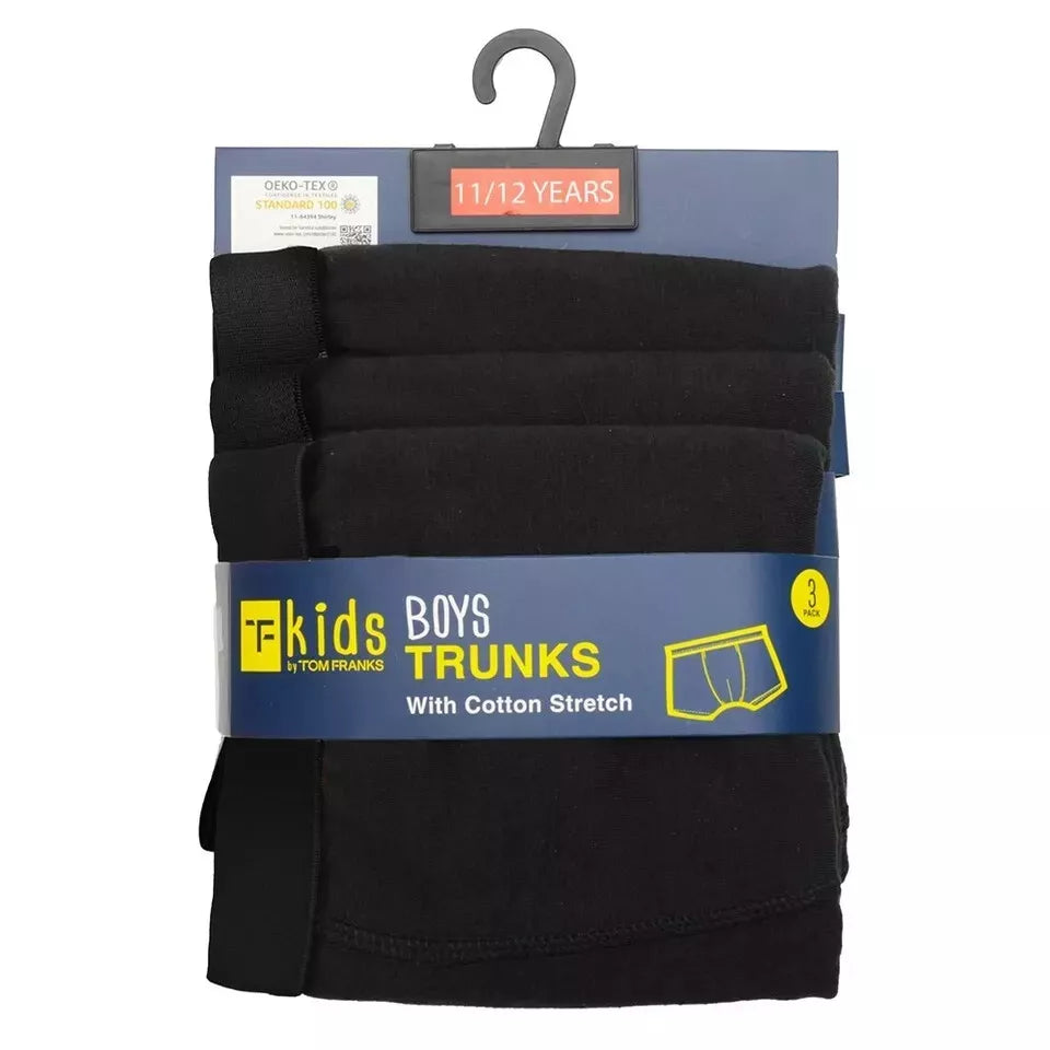 TOM FRANKS - Boys 3 Pairs Black Waistband Boxer Trunks Underwear Shorts 7-13 Year - Mayra Hosiery LTD